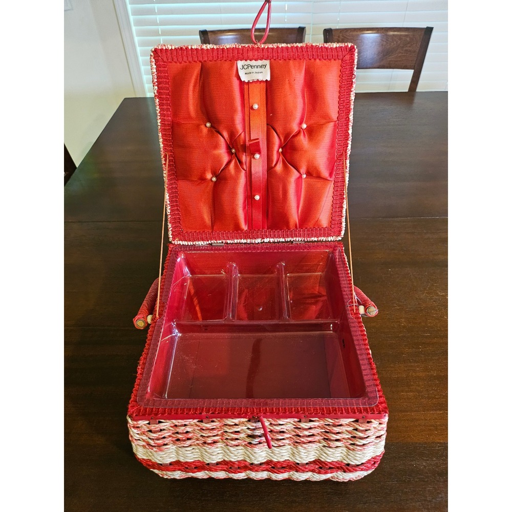 JCPenney Sewing Basket Adult Large Red Vintage Woven Wicker Craft Box Japan